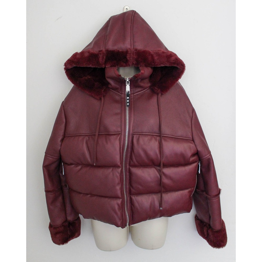 Rebecca Minkoff Jacket Large Red Burgundy Faux Leather Faux Fur Hooded Puffer